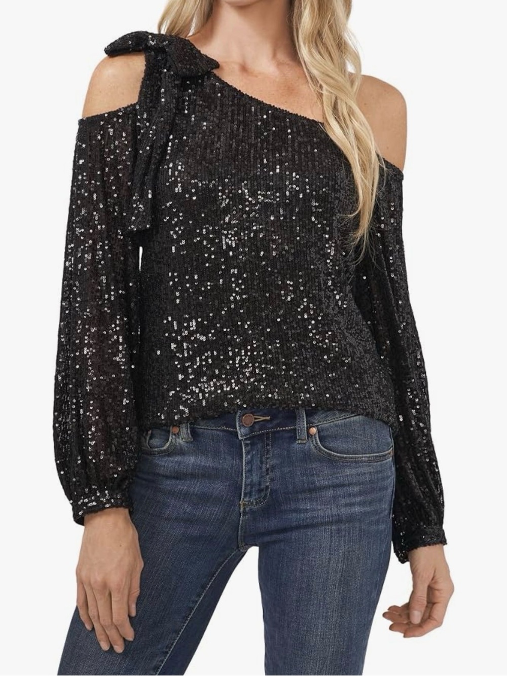 CeCe One-Shoulder Black Sequin Top with Bow size L